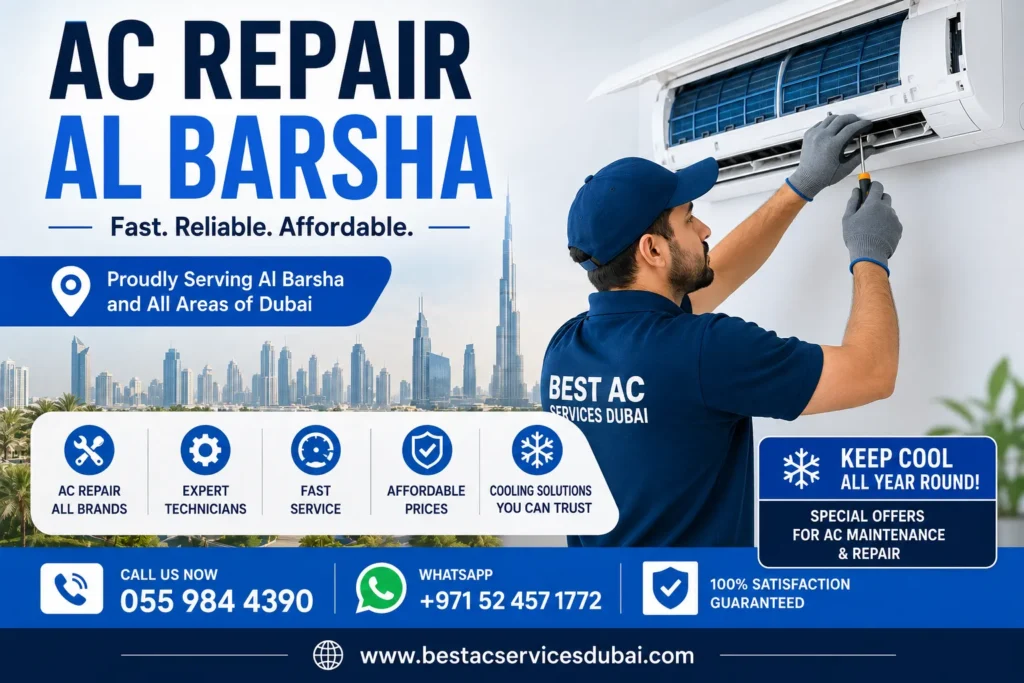 Technician performing professional AC repair and maintenance service in Al Barsha Dubai