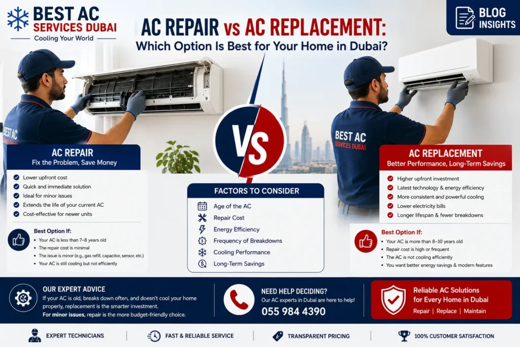 AC Replacement Dubai comparison between repairing and replacing an air conditioner