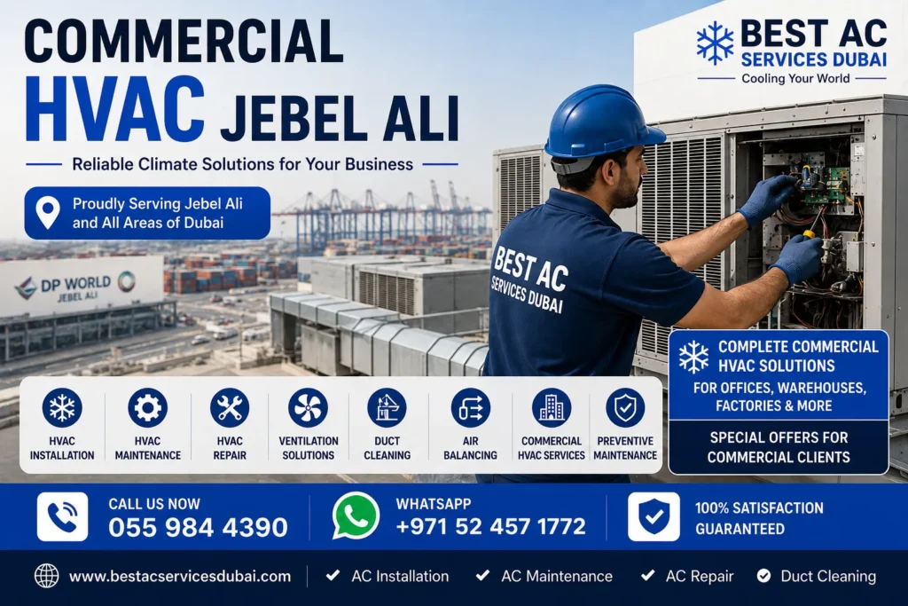 Commercial HVAC Jebel Ali technician servicing industrial cooling system