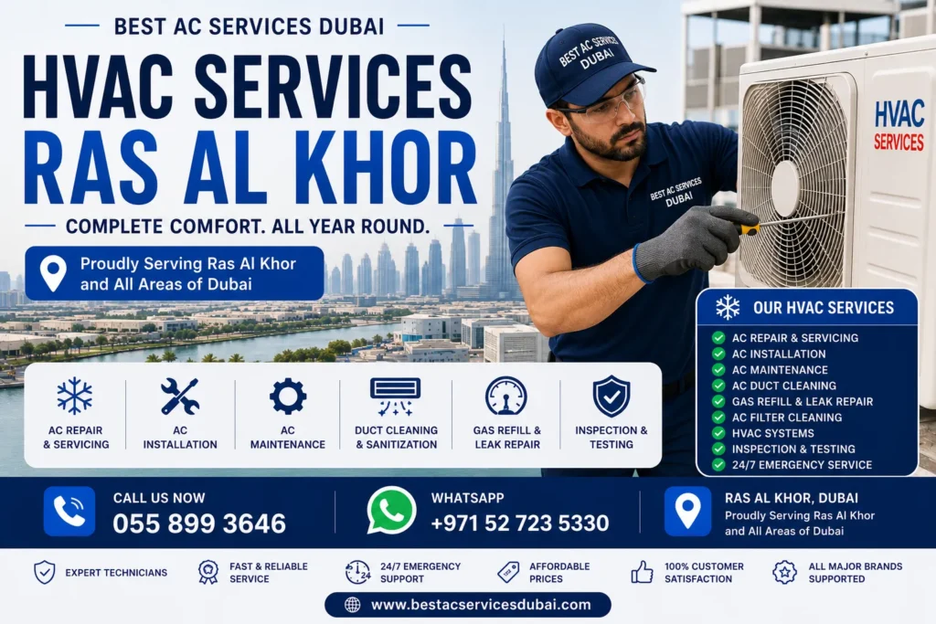 HVAC Services Ras Al Khor Dubai technician servicing commercial HVAC system
